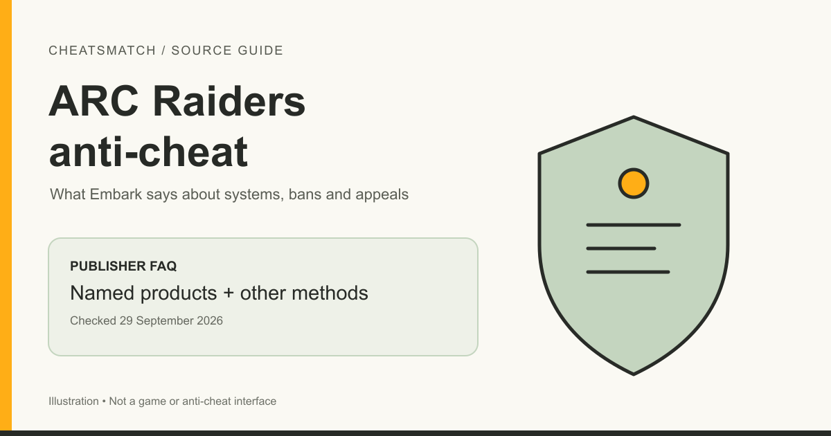 Illustrated ARC Raiders anti-cheat source guide with a publisher FAQ card and an abstract shield.