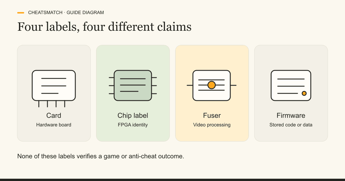Four illustrated panels label a card as hardware, a chip suffix as identity, a fuser as video processing and firmware as stored code or data