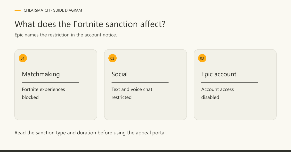 Three Fortnite sanction cards show matchmaking access, social chat and Epic account access as different affected scopes