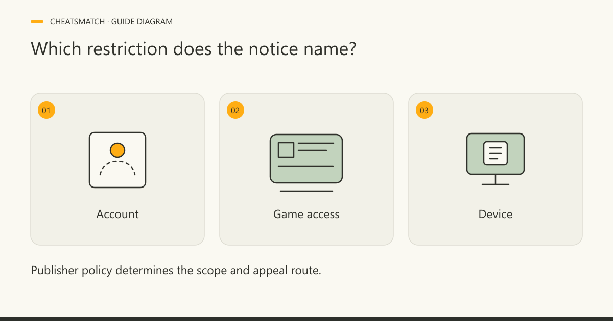 Diagram with account, game access and device cards, showing that a publisher notice defines the restriction scope